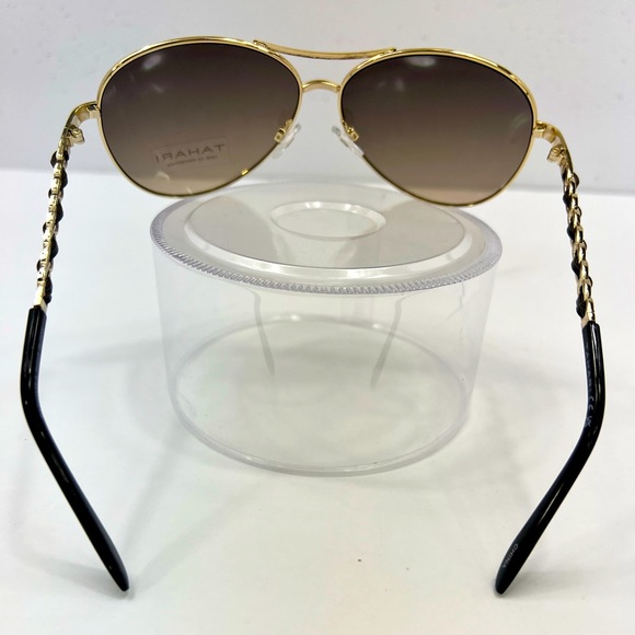 TAHARI AVIATOR 100% UV PROTECT SUNGLASSES,GOLD METAL FRAME, WOVEN LEATHER SIDES - Picture 3 of 14